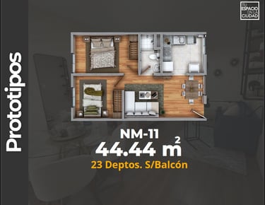 LASU Características Depto.  Plano con 2 recamaras, sala comedor, baño y cocina. 44 m2