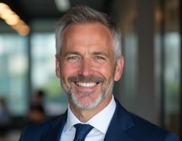 xecutive in a navy blue suit and tie posing for a professional business headshot.