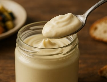 A spoon scooping a dollop of velvety mayonnaise from the jar. 