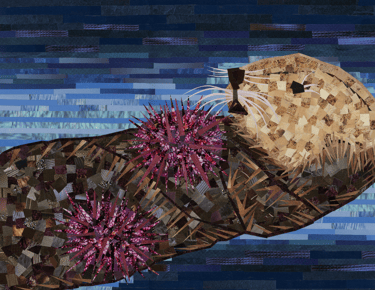 Textile collage of a sea otter floating in blue water with purple sea urchins on its belly.