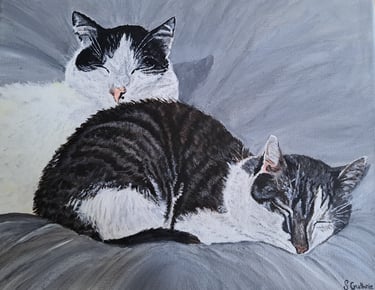 Two friends. Short-haired cats. Black and white. Tabby. Acrylic on canvas painting