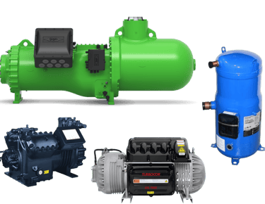 A collection of industrial HVAC compressors including screw, scroll, and oil-free centrifugal models.