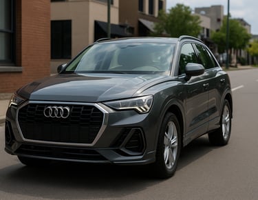 Audi Q3 branco SUV premium estacionado em área urbana, visto de frente e lateral.