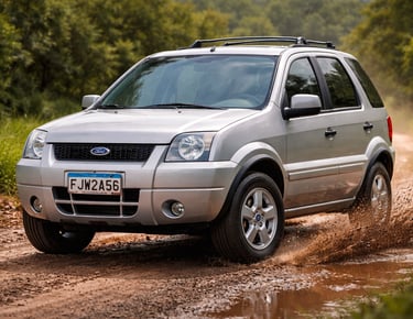 Ford EcoSport prata em estrada de terra, modelo entre carros da Ford antigos.