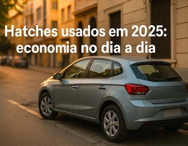 Hatch usado prateado estacionado em rua urbana ao entardecer com texto sobre economia em 2025