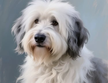 A pet portrait of a old English sheep dog called Bes, painted in oils