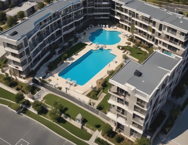 A luxurious residential complex is visible with a modern swimming pool in the foreground. Palm trees and a variety of lush green plants decorate the poolside area, while lounge chairs are placed under shaded wooden structures. The multi-story buildings in the background have balconies and large windows, giving the place a resort-like feel.