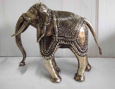 "Tribal-style designer brass elephant with fine detailing, left view-Prepared for export"