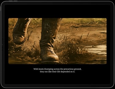 Screen shot of the app showing a cut scene illustration of brown boots running and narrative subtitles