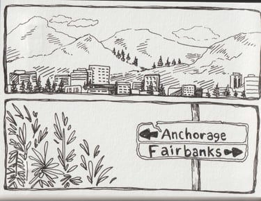 Comic panels in pen with an illustration of Alaska, mountains, buildings and signage to anchorage.