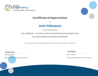 Certificate of Apreciation to Juan Velasquez
