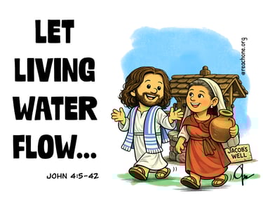 Cartoon of Jesus sharing living water at Jacob’s well