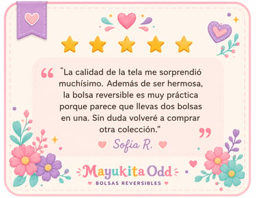 Opinión de cliente sobre los bolsos reversibles Mayukita Odd,calificación de cinco estrellas