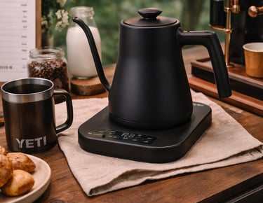 Black gooseneck electric kettle on a wooden table with a Yeti mug and coffee beans.