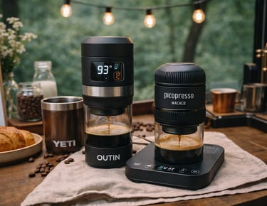 Portable Outin and Wacaco Picopresso espresso makers brewing coffee on a wooden table with a Yeti mug.