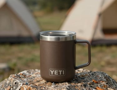 Brown Yeti Rambler camping mug sitting on a rock with tents in the background.