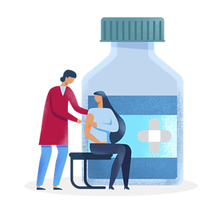 Illustration of a doctor giving a patient a vaccination injection in front of a large medicine vial.