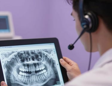 Close-up of a professional medical interpreter wearing a sleek modern headset, looking at a digital dental chart, soft plum ambient lighting, clean composition.