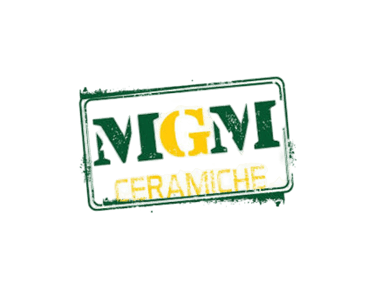 MGM Ceramiche logo featuring green and yellow textured typography on a black background.