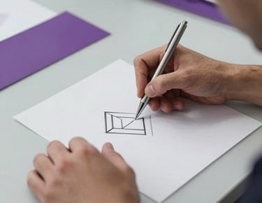 Close-up of professional designer's hands in a modern studio in Rome, Southern European setting. They are sketching a geometric logo on white paper using a silver pen. The environment is minimalist with light gray and medium purple accents. High-quality editorial photography.