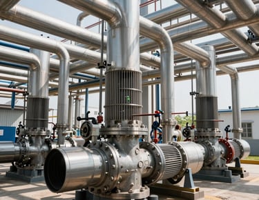 Wide environmental shot of a complex industrial pump room, crisp high-contrast daylight, clean metallic pipes