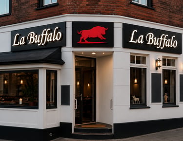 Premium illuminated restaurant signage design for La Buffalo featuring modern outdoor branding and luxury facade advertising.