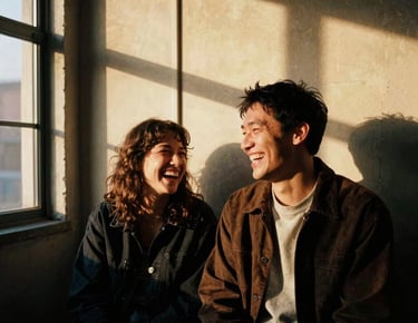 Candid environmental portrait of a couple laughing together in a sun-drenched industrial loft, warm golden light, rich shadows, highly detailed 35mm film grain.