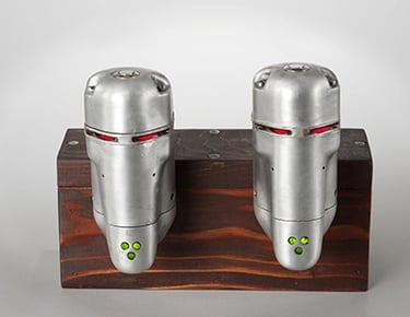 Assemblage robot heads named Drillbots built by artist Tal Avitzur.