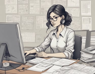 A friendly bookkeeper working on a laptop with receipts and invoices spread out.