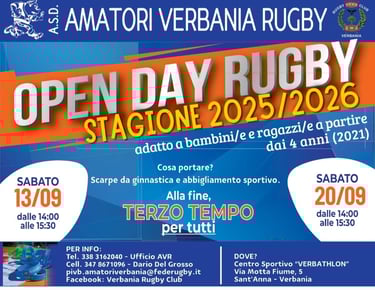 Volantino Open Day ragazzi Amatori Verbania Rugby. Vieni a provare il rugby anche tu.