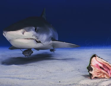 Tiger shark and the conch chell tiger beach the Bahamas