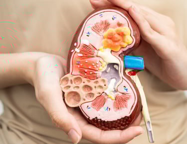 A person holding an anatomical human kidney model showing internal structures and disease pathologies.