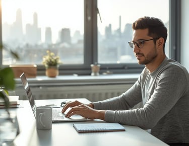 Entrepreneur working at desk with laptop showing growth chart