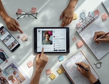 Marketing team planning AI influencer content strategy and campaigns