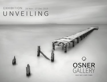 Unveiling exhibition poster featuring a black-and-white seascape photograph of a weathered jetty, presented by Osner Gallery 