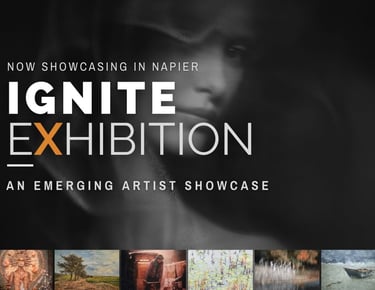 Ignite Exhibition poster at Osner Gallery Napier, showcasing emerging artists in contemporary art