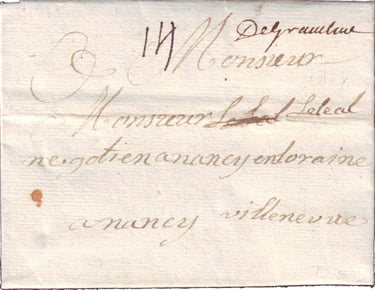 1737, lettre de GRAVELINES pour NANCY taxée à 14 sols.