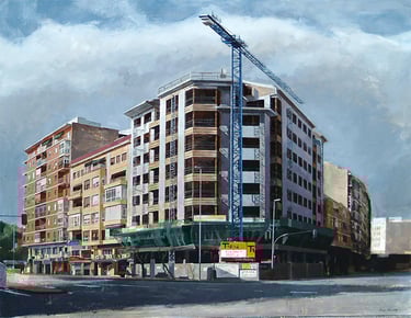 Edificio en construcción en el antiguo Mesas de Castillo en Murcia. Pintado por Miguel Vivo con óleo