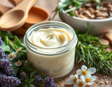 A jar of creamy herbal infused body butter surrounded by fresh herbs like lavender, chamomile, and r