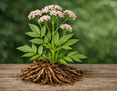 "Planta de valeriana com flores rosadas e raízes medicinais expostas sobre uma superfície de madeira