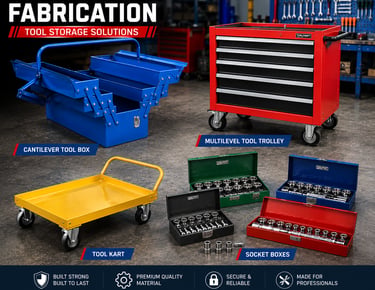 Tool storage solutions including a cantilever tool box, multilevel tool trolley, tool kart, and socket boxes.