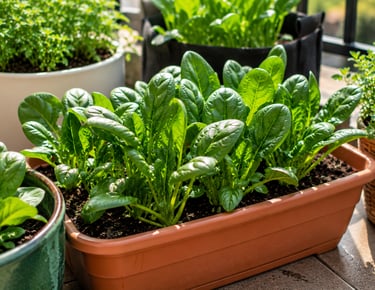 Healthy spinach plants growing in a shallow container on a sunny balcony garden with lush green leav