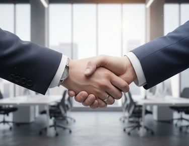 Professional business handshake in modern office representing Alkhuzam & Co audit firm Kuwait