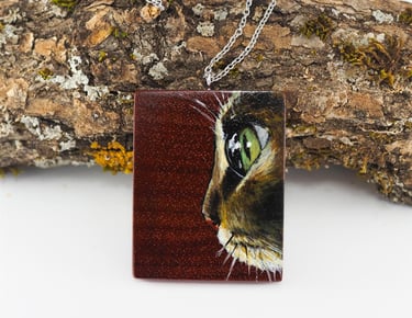 Hand painted cat on padouk wood pendant