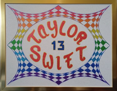 Hand-drawn Taylor Swift fan art with the number 13 and a colorful geometric rainbow border.