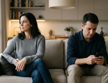 Casal insatisfeito no sofá, enfrentando conflitos no casamento e falhas na comunicação.