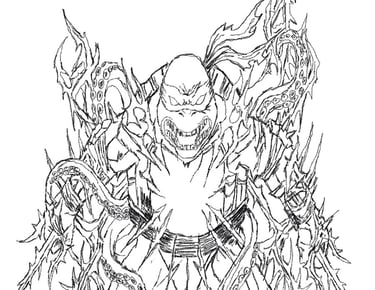 Detailed line art drawing of a Teenage Mutant Ninja Turtle entangled in thorny vines and tentacles.
