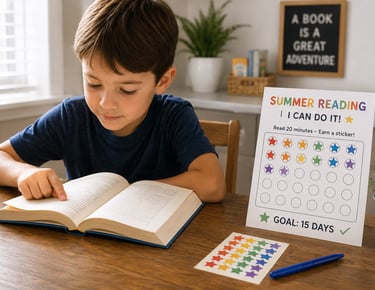 Child reading a book while tracking progress on a summer reading reward chart.