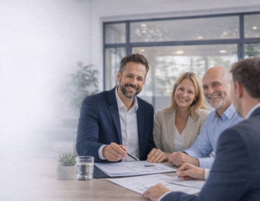 Smiling couple consulting with a professional financial advisor in a modern office setting.