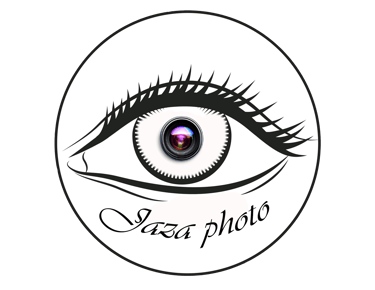 logo de jaza photo. Un oeil avec un appareil photo a la place de la pupille dans un cercle